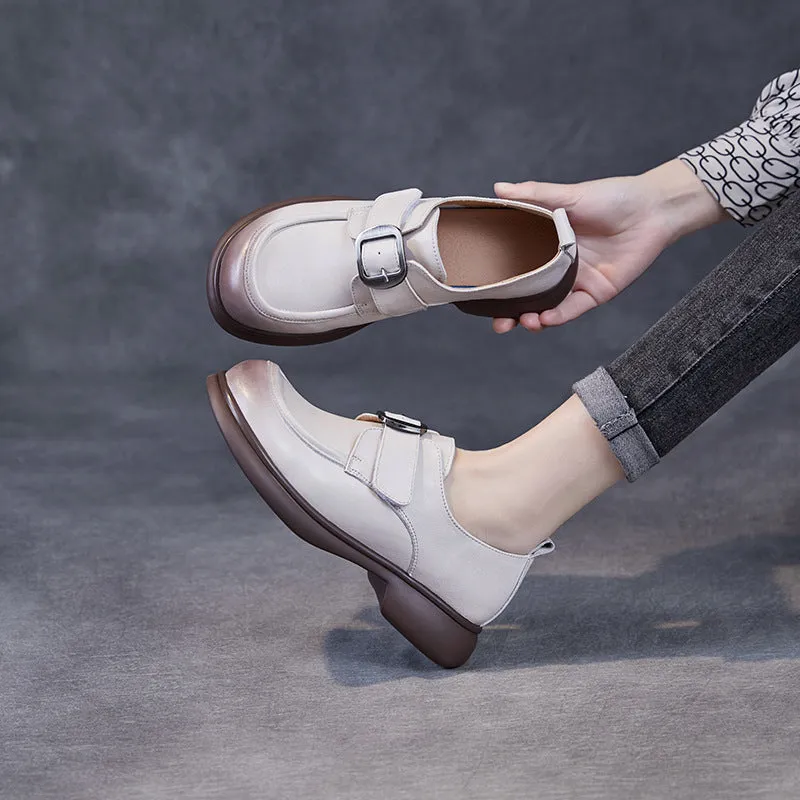 Women Minimalism Solid Leather Buckle Casual Loafers