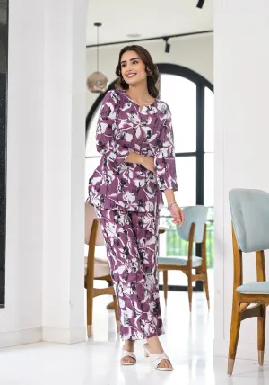 Women Party Wear Flower Printed Co-Ord Set Top With Bottom ( Lavender)