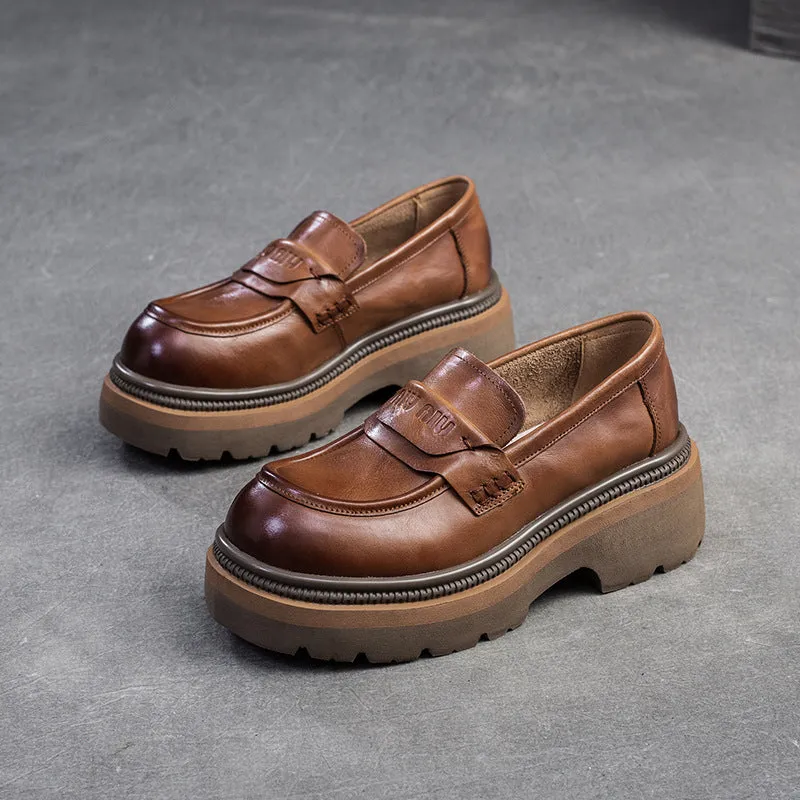 Women Retro Leather Thick Soled Casual Loafers