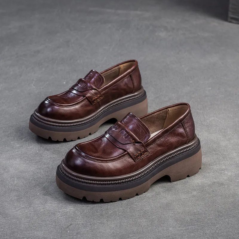 Women Retro Leather Thick Soled Casual Loafers