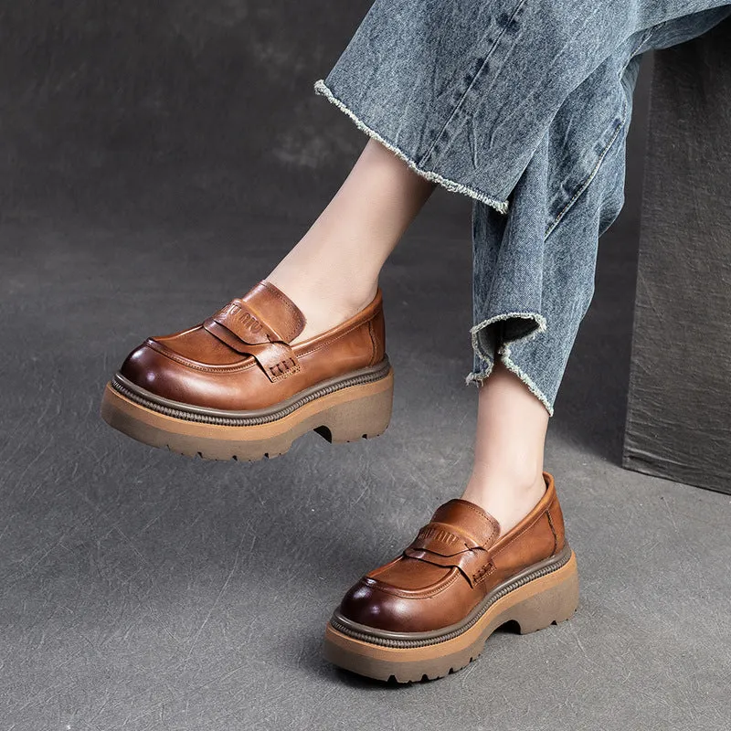 Women Retro Leather Thick Soled Casual Loafers