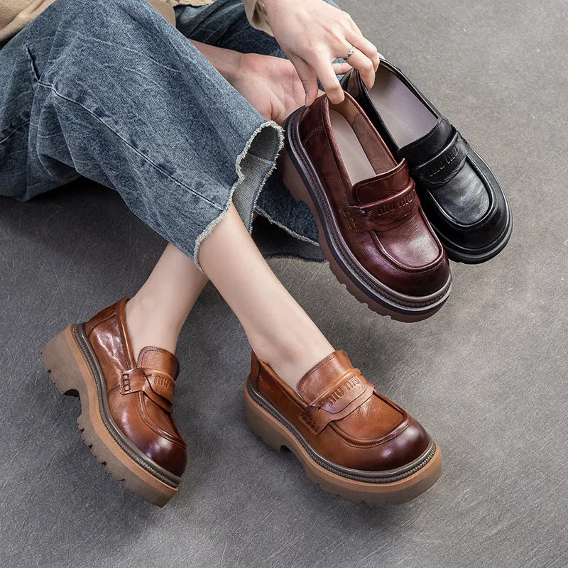 Women Retro Leather Thick Soled Casual Loafers