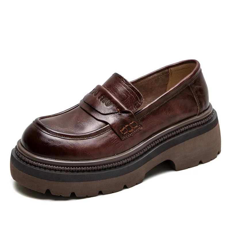 Women Retro Leather Thick Soled Casual Loafers