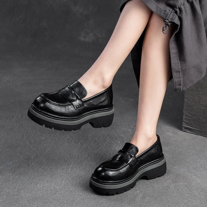Women Retro Leather Thick Soled Casual Loafers