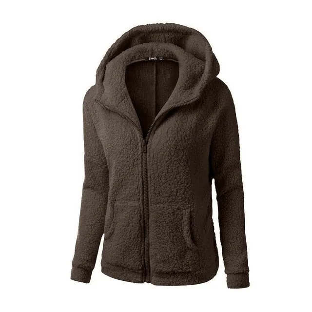 Women Solid Color Coat Thicken Soft Fleece Winter Autumn Warm Jacket Hooded Zipper Overcoat Female Fashion Casual Outwear Coat