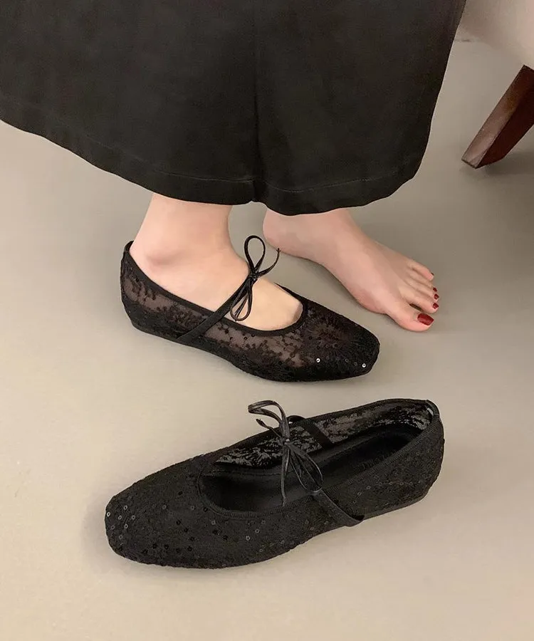 Women Splicing Embroidered Flats Breathable Mesh Bow Beige