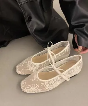 Women Splicing Embroidered Flats Breathable Mesh Bow Beige