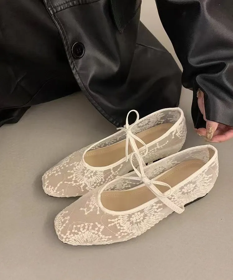 Women Splicing Embroidered Flats Breathable Mesh Bow Beige