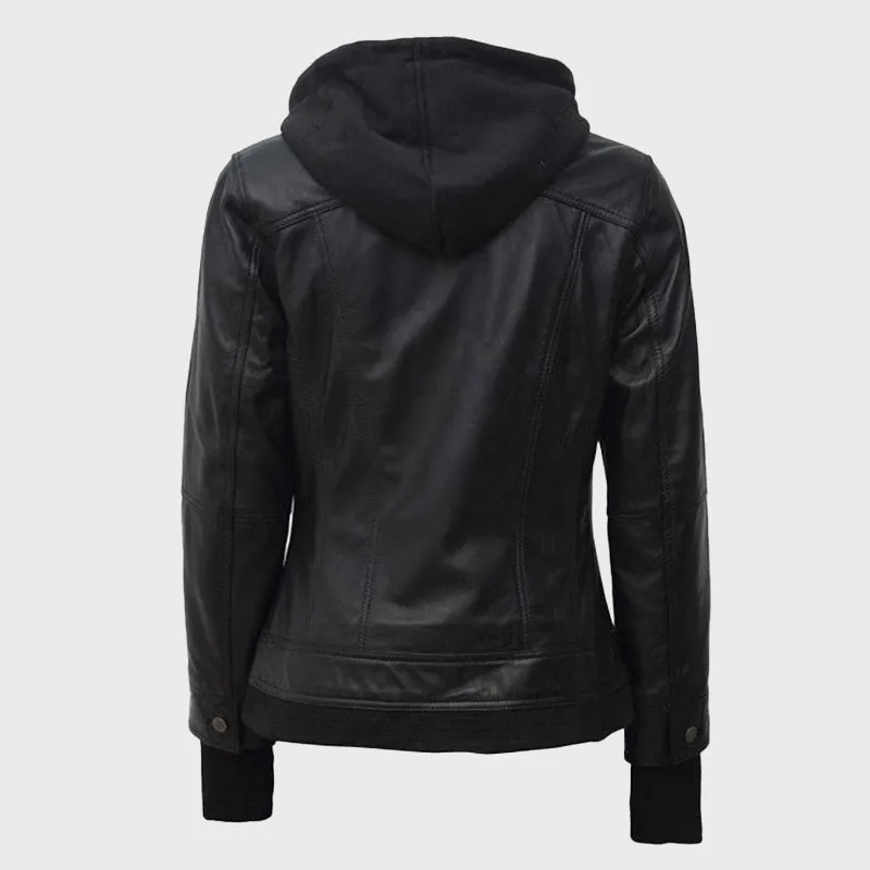 Womens Black Leather Motorcycle Jacket with Hood