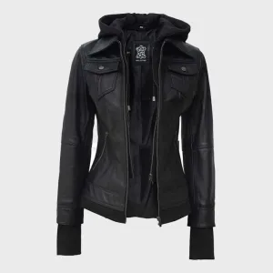 Womens Black Leather Motorcycle Jacket with Hood