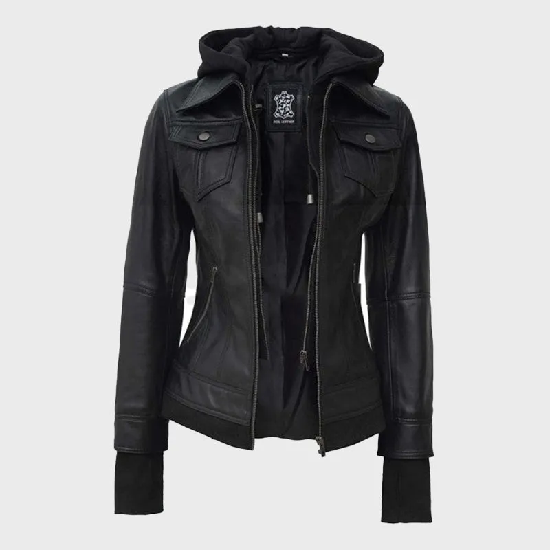 Womens Black Leather Motorcycle Jacket with Hood