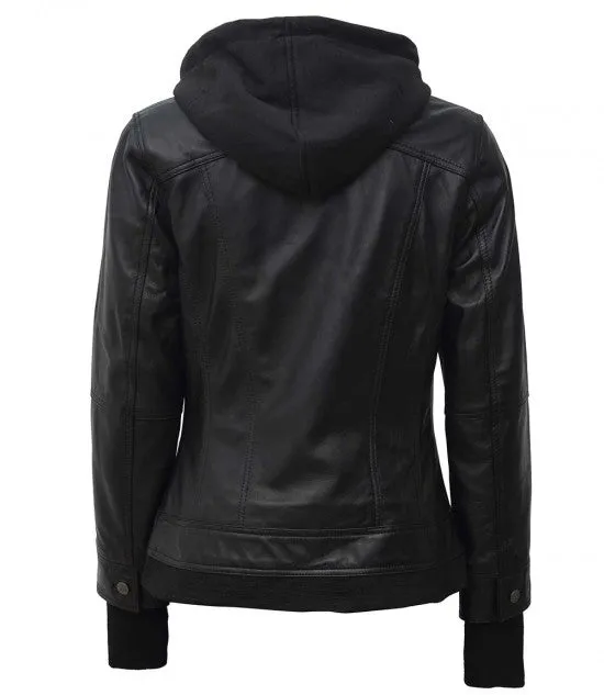 Womens Black Leather Motorcycle Jacket with Hood