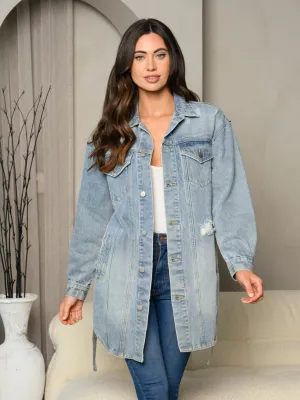 WOMEN'S BUTTON UP COLLAR LOW-HIGH DENIM SELF TIE DRESS JACKET