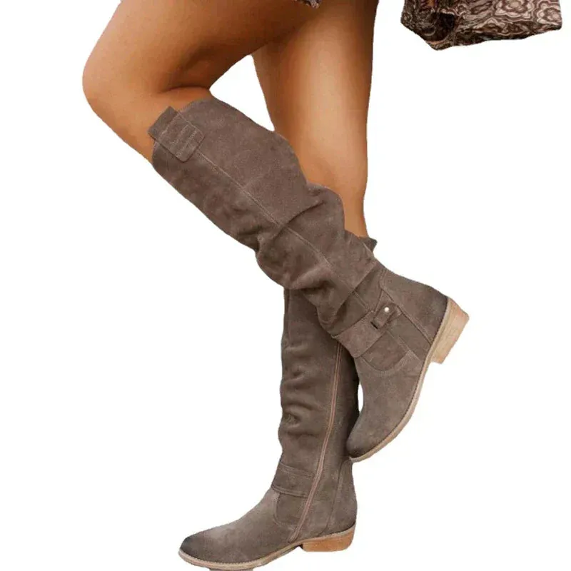 Women’s Classic Knee-High Retro Cowboy Boots with Side Zipper