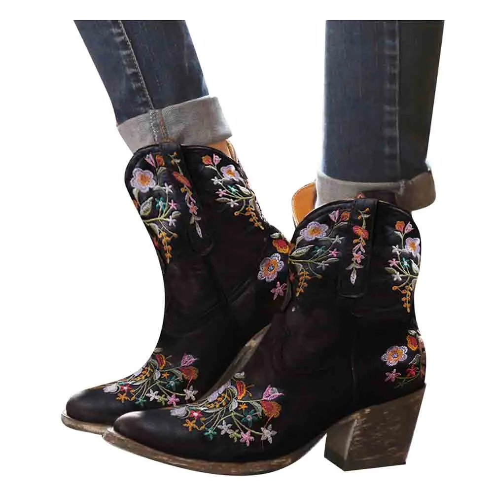 Women's Classic Pointed Toe Embroidered Western Ankle Cowgirl Boots