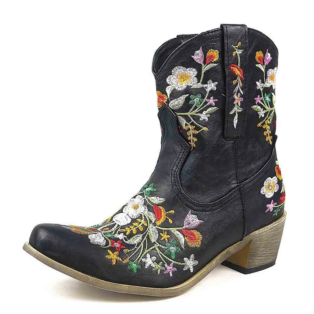Women's Classic Pointed Toe Embroidered Western Ankle Cowgirl Boots