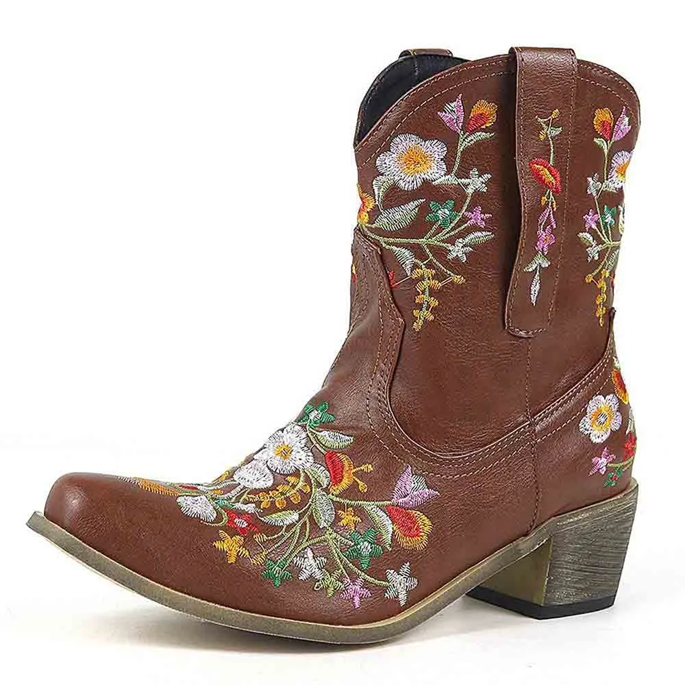 Women's Classic Pointed Toe Embroidered Western Ankle Cowgirl Boots