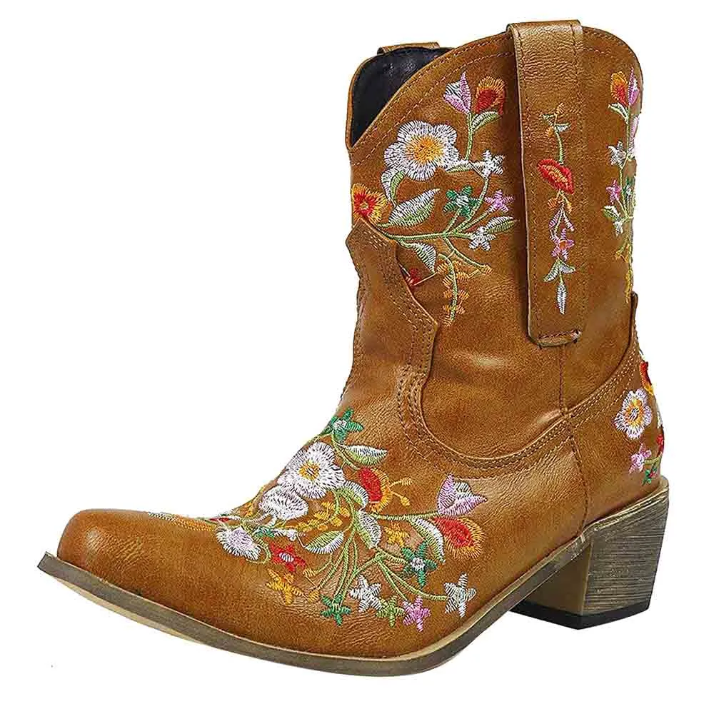 Women's Classic Pointed Toe Embroidered Western Ankle Cowgirl Boots