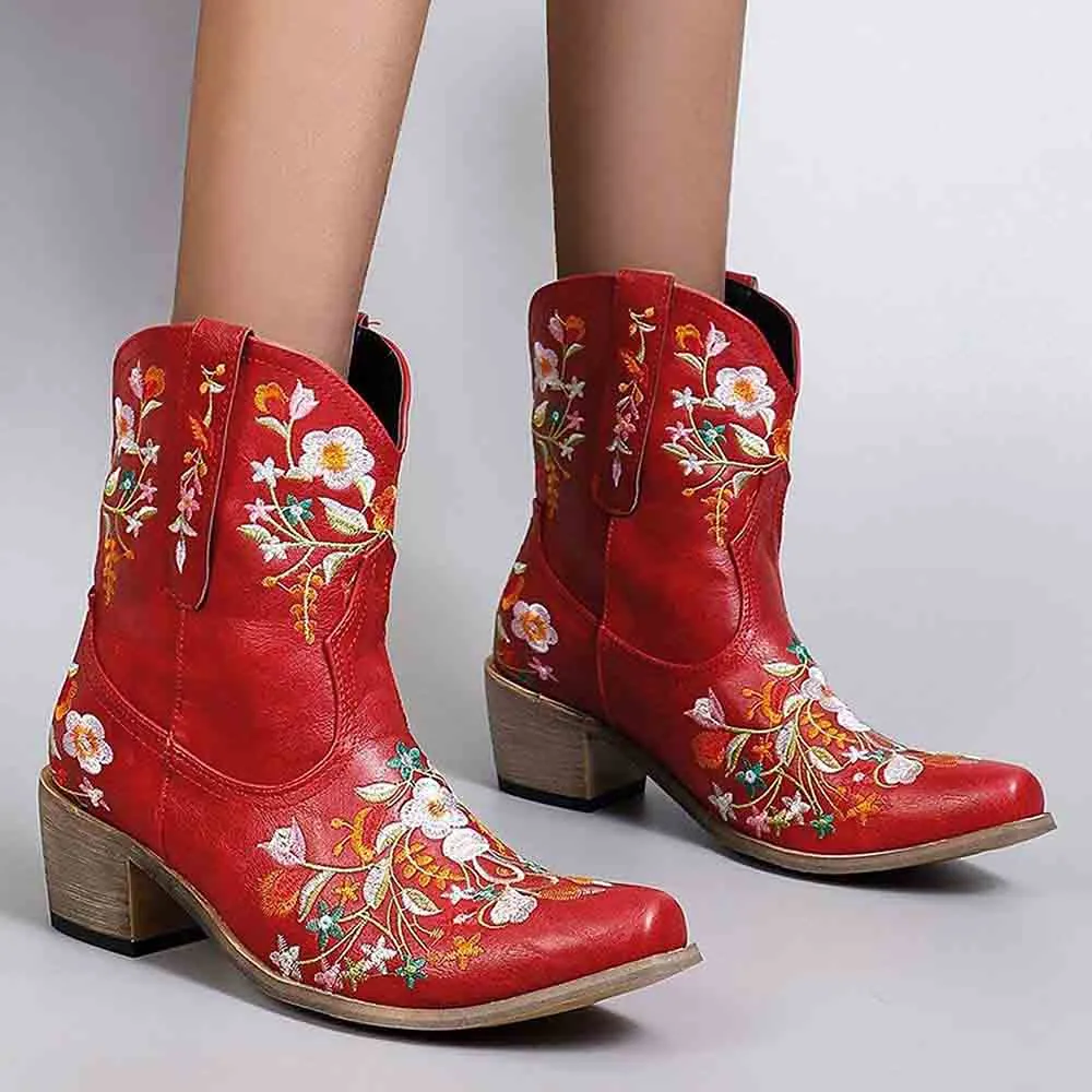 Women's Classic Pointed Toe Embroidered Western Ankle Cowgirl Boots