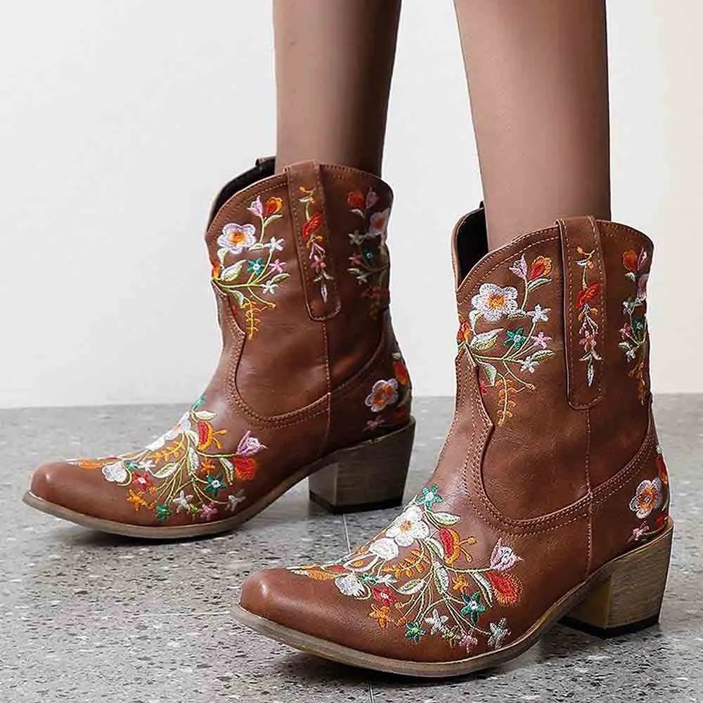 Women's Classic Pointed Toe Embroidered Western Ankle Cowgirl Boots