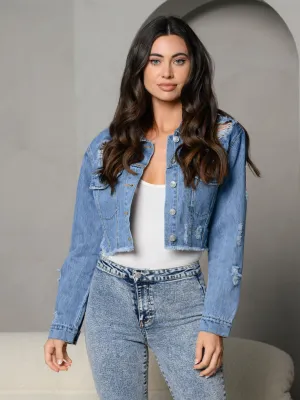 WOMEN'S DISTRESS CROPPED DENIM JACKET