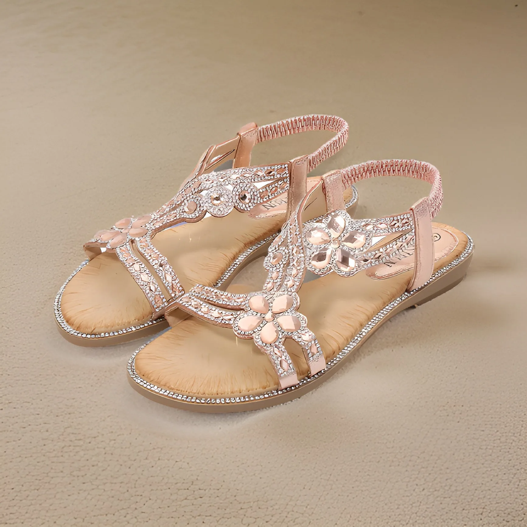 Women's Flat Pink Sandals with Diamond Inlay Design