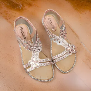 Women's Flat Pink Sandals with Diamond Inlay Design