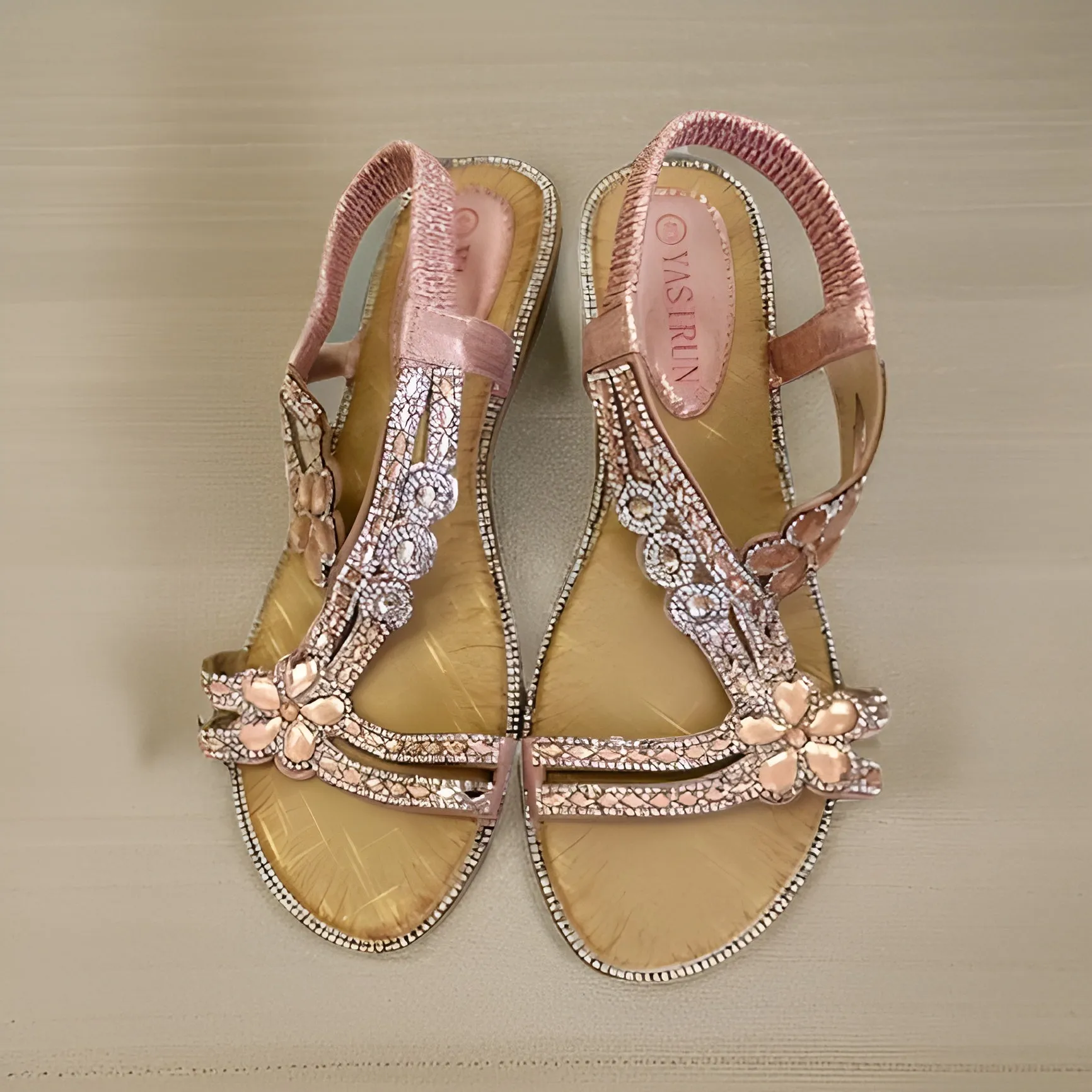 Women's Flat Pink Sandals with Diamond Inlay Design