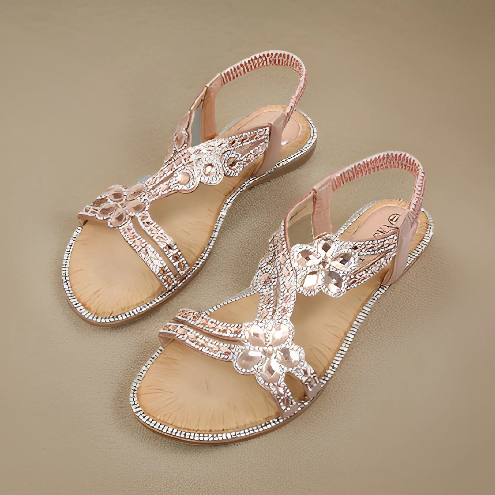 Women's Flat Pink Sandals with Diamond Inlay Design