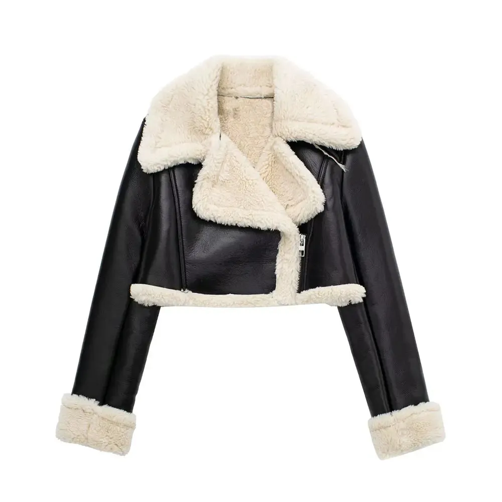 Women's Front Zipper Lapel Neck Long Sleeves Jacket