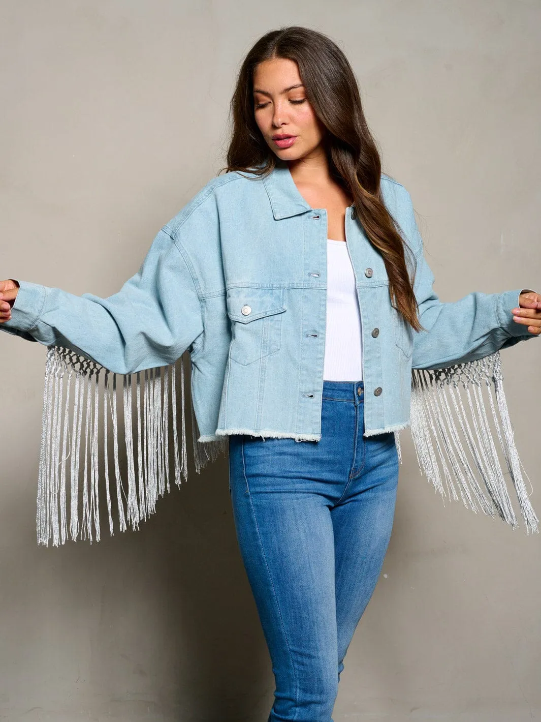 WOMEN'S LONG SLEEVE BUTTON CLOSURE BRIDE GRAPHIC DENIM JACKET