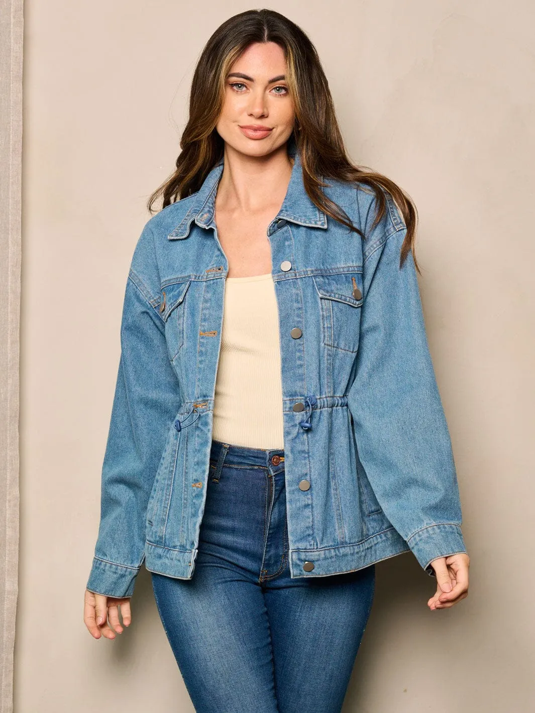 WOMEN'S LONG SLEEVE BUTTON CLOSURE ELASTIC WAIST DENIM JACKET