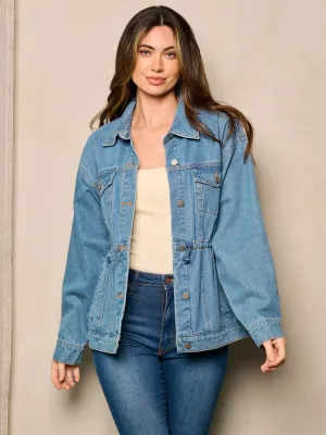 WOMEN'S LONG SLEEVE BUTTON CLOSURE ELASTIC WAIST DENIM JACKET
