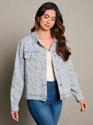 WOMEN'S LONG SLEEVE BUTTON CLOSURE FLORAL DENIM JACKET