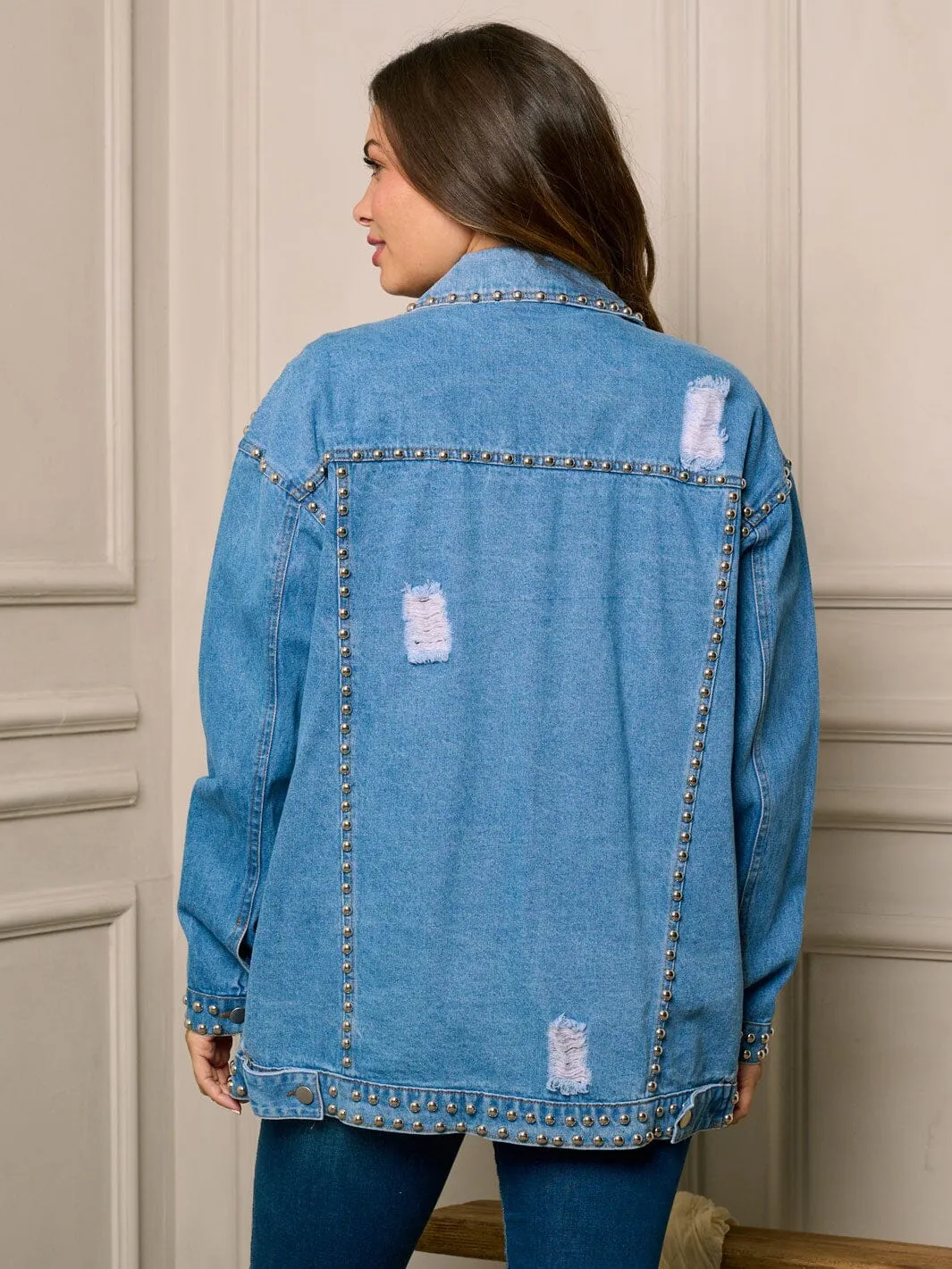 WOMEN'S LONG SLEEVE BUTTON UP DISTRESS STUDS DENIM JACKET