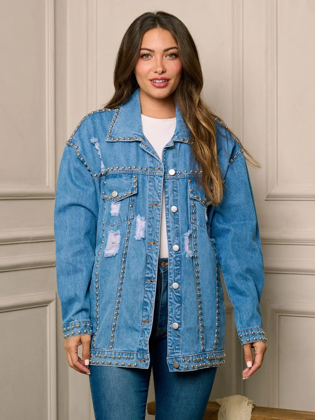 WOMEN'S LONG SLEEVE BUTTON UP DISTRESS STUDS DENIM JACKET