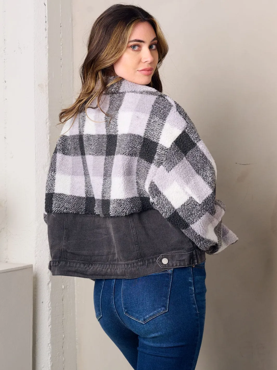 WOMEN'S LONG SLEEVE BUTTON UP FLEECE DENIM PLAID JACKET