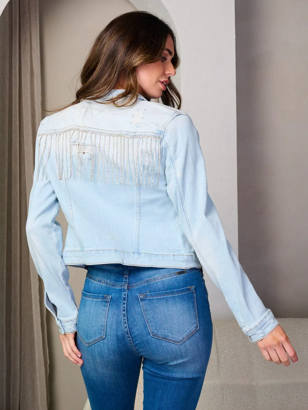 WOMEN'S LONG SLEEVE BUTTON UP FRINGE DENIM JACKET