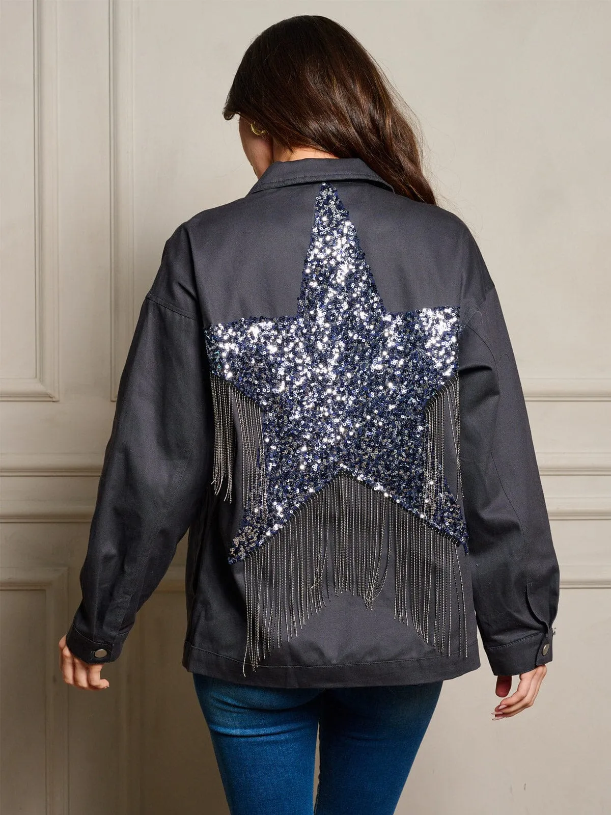 WOMEN'S LONG SLEEVE BUTTON UP STAR FRINGE SEQUINS BACK DETAILED DENIM JACKET