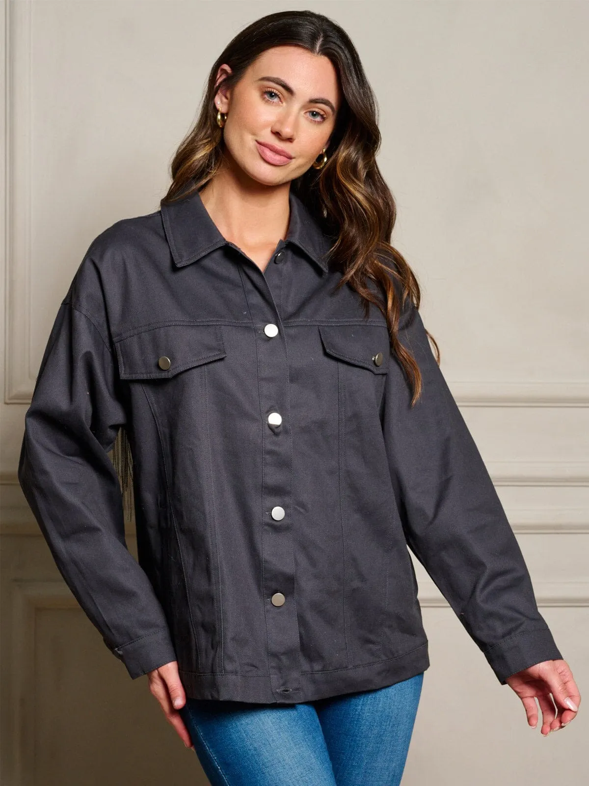 WOMEN'S LONG SLEEVE BUTTON UP STAR FRINGE SEQUINS BACK DETAILED DENIM JACKET
