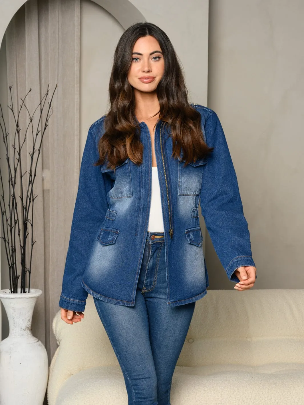 WOMEN'S LONG SLEEVE DENIM ZIP UP SMOCK WAIST WASHED FRONT POCKET JACKET