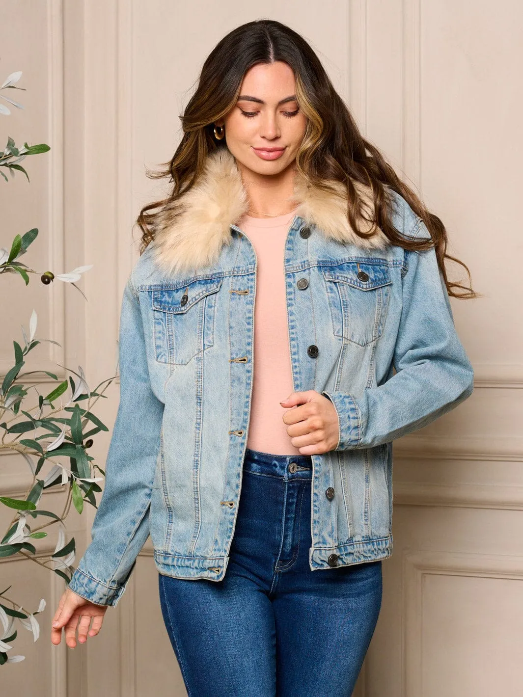 WOMEN'S LONG SLEEVE REMOVABLE NECK DETAILED DENIM JACKET