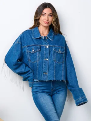 WOMEN'S LONG SLEEVE STUD FRINGE DETAILED RAW EDGE DENIM JACKET