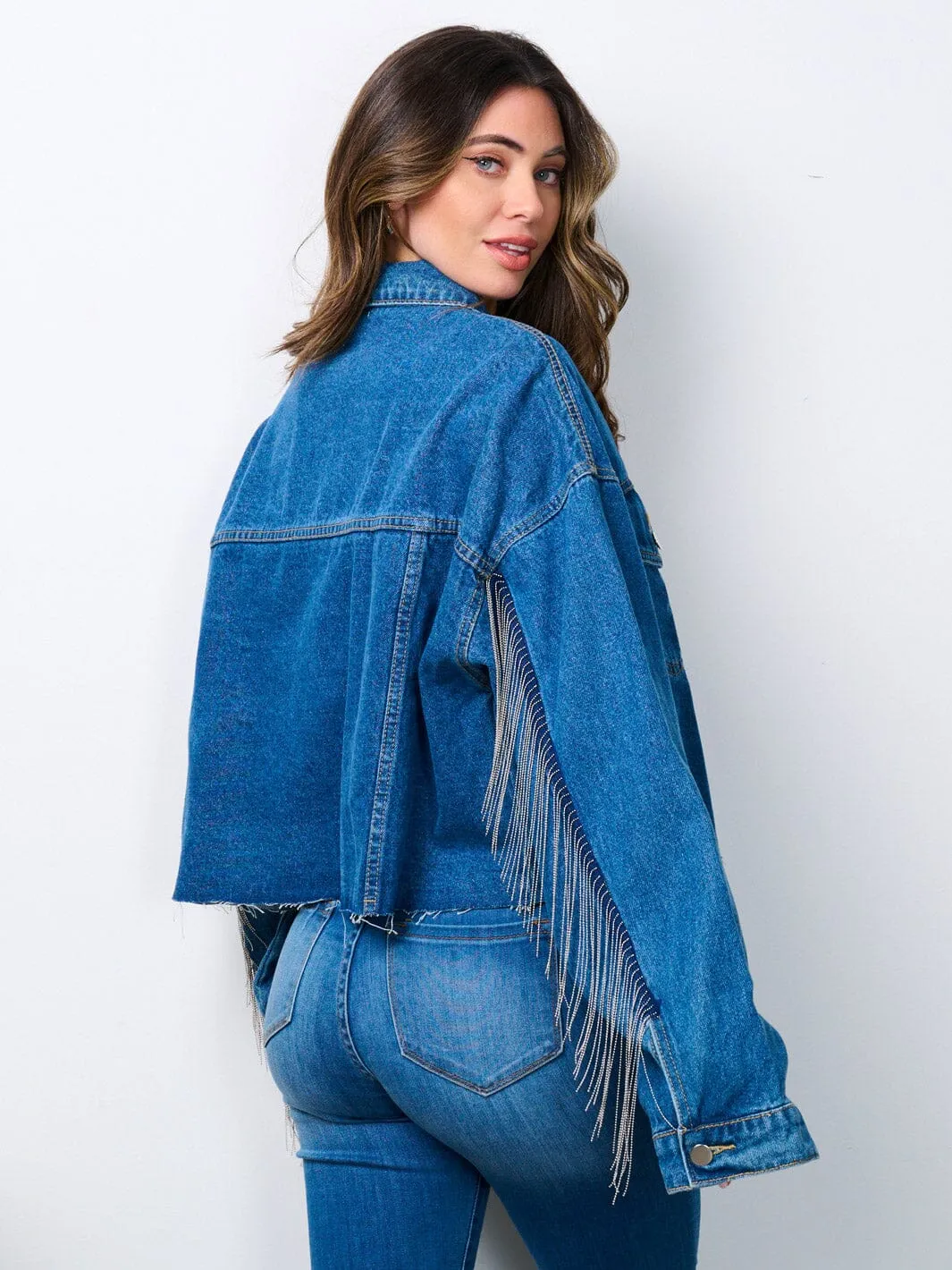 WOMEN'S LONG SLEEVE STUD FRINGE DETAILED RAW EDGE DENIM JACKET