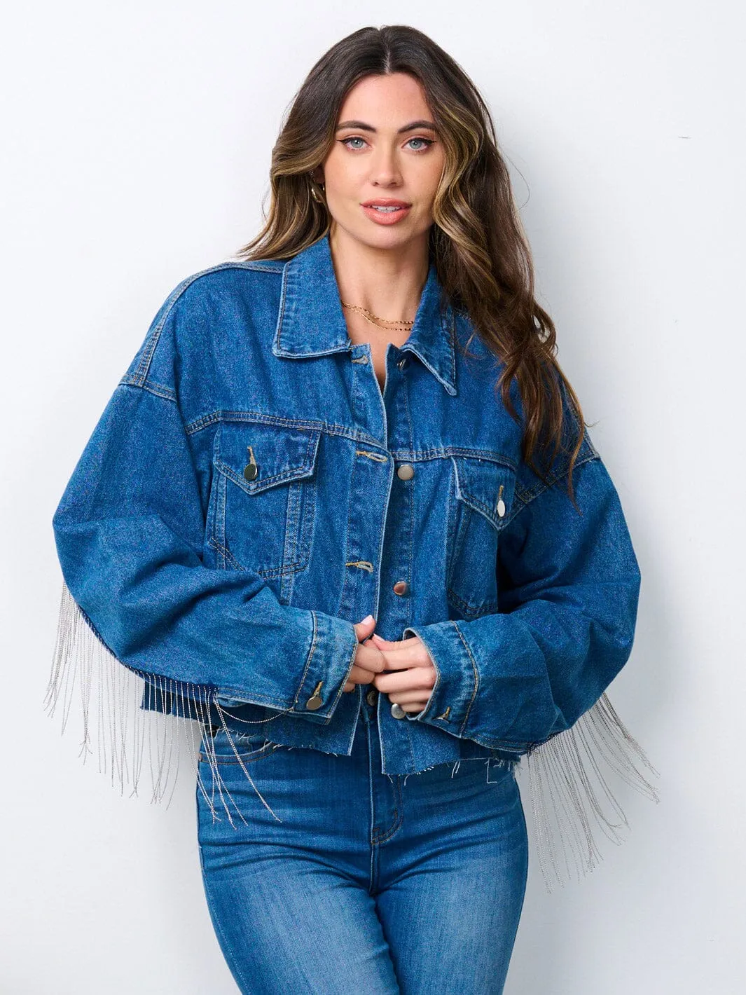 WOMEN'S LONG SLEEVE STUD FRINGE DETAILED RAW EDGE DENIM JACKET