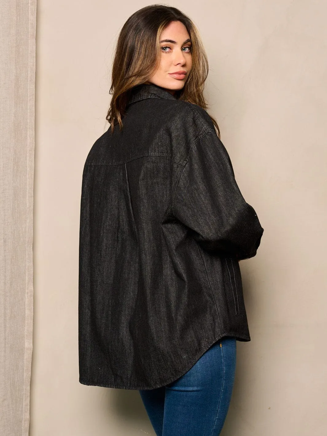 WOMEN'S LONG SLEEVE ZIP UP POCKETS DENIM JACKET