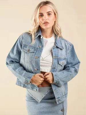 WOMEN'S LONG SLEEVES POCKETS BUTTON CLOSURE STUDS DENIM JACKET
