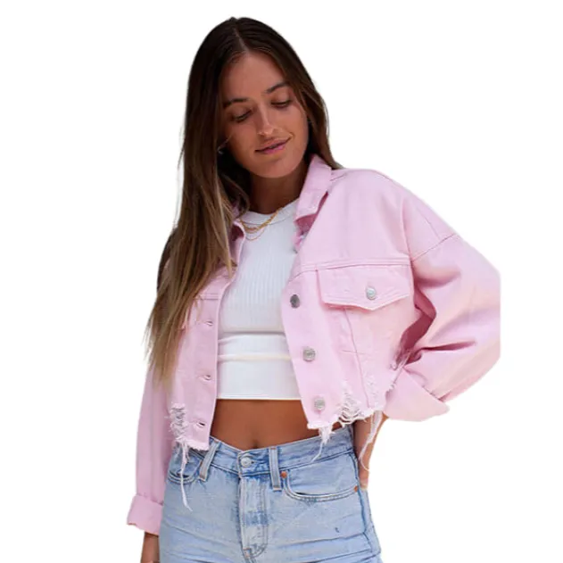 Women's Loose Denim Jean Button Down Classic Pink Jacket Coats