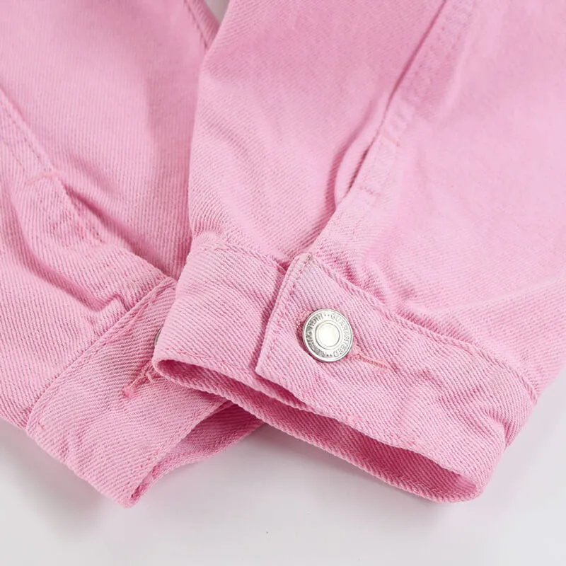 Women's Loose Denim Jean Button Down Classic Pink Jacket Coats