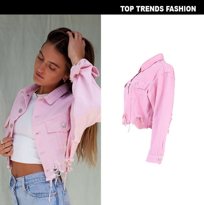 Women's Loose Denim Jean Button Down Classic Pink Jacket Coats